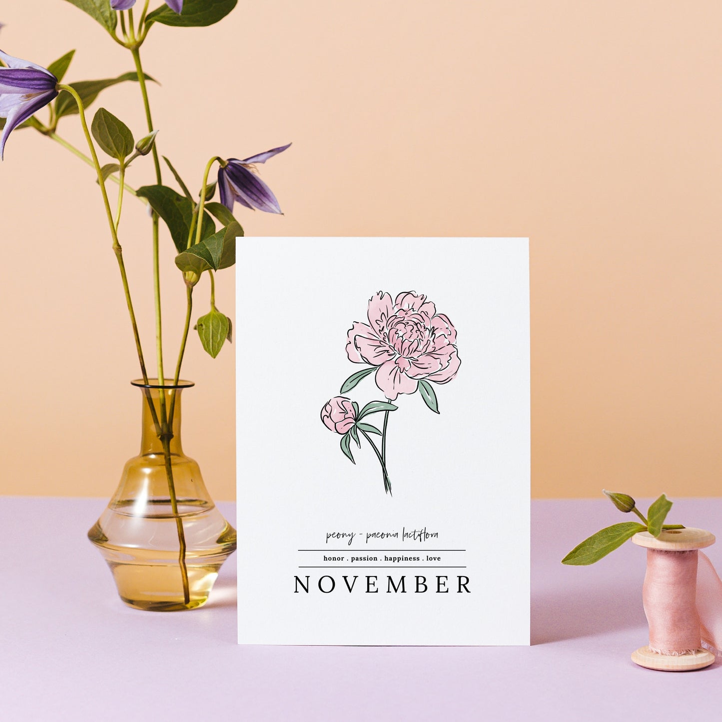 November Peony Birth Flower Unframed Art Print | Illustrated Floral Art