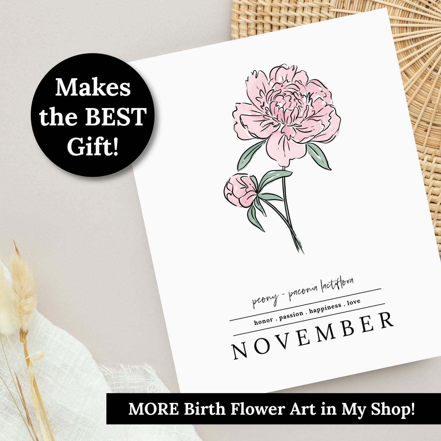 November Peony Birth Flower Unframed Art Print | Illustrated Floral Art