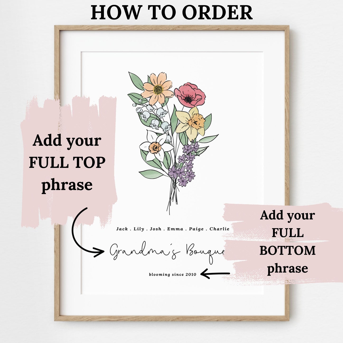Family Birth Flower Bouquet Watercolor Art Print | Up to 6 Flowers