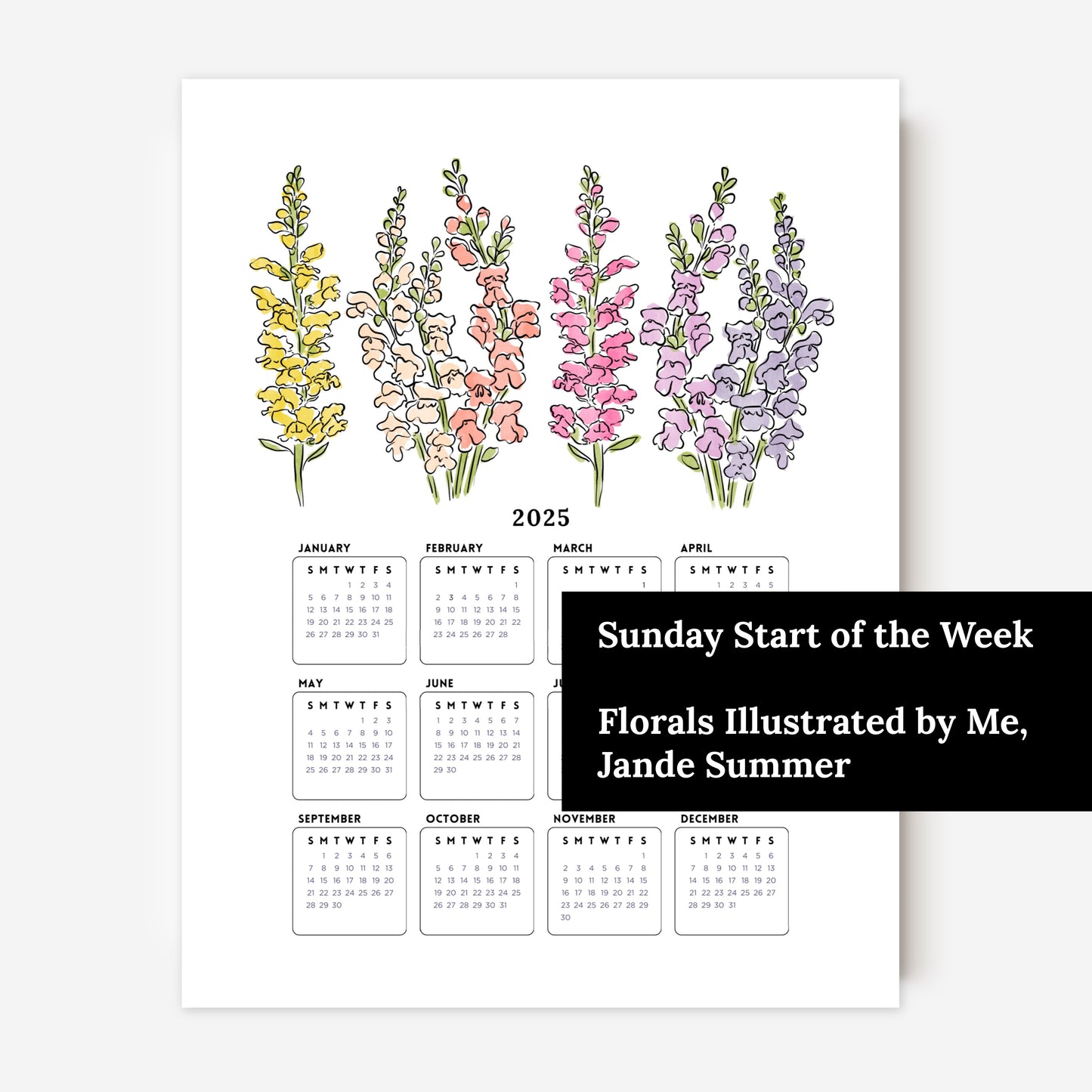 2025 Calendar Print | Watercolor Floral At A Glance Unframed Art | Office Wall Decor | Family & Coworker Gift