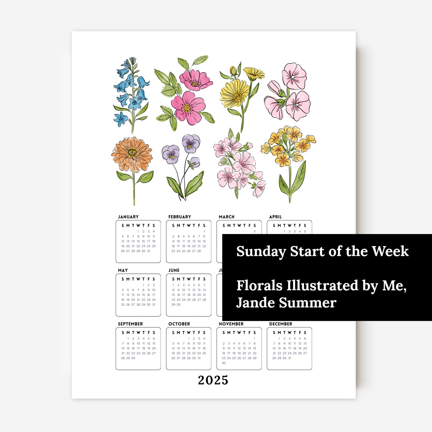 2025 Calendar Print | Watercolor Floral At A Glance Unframed Art | Office Wall Decor | Family & Coworker Gift