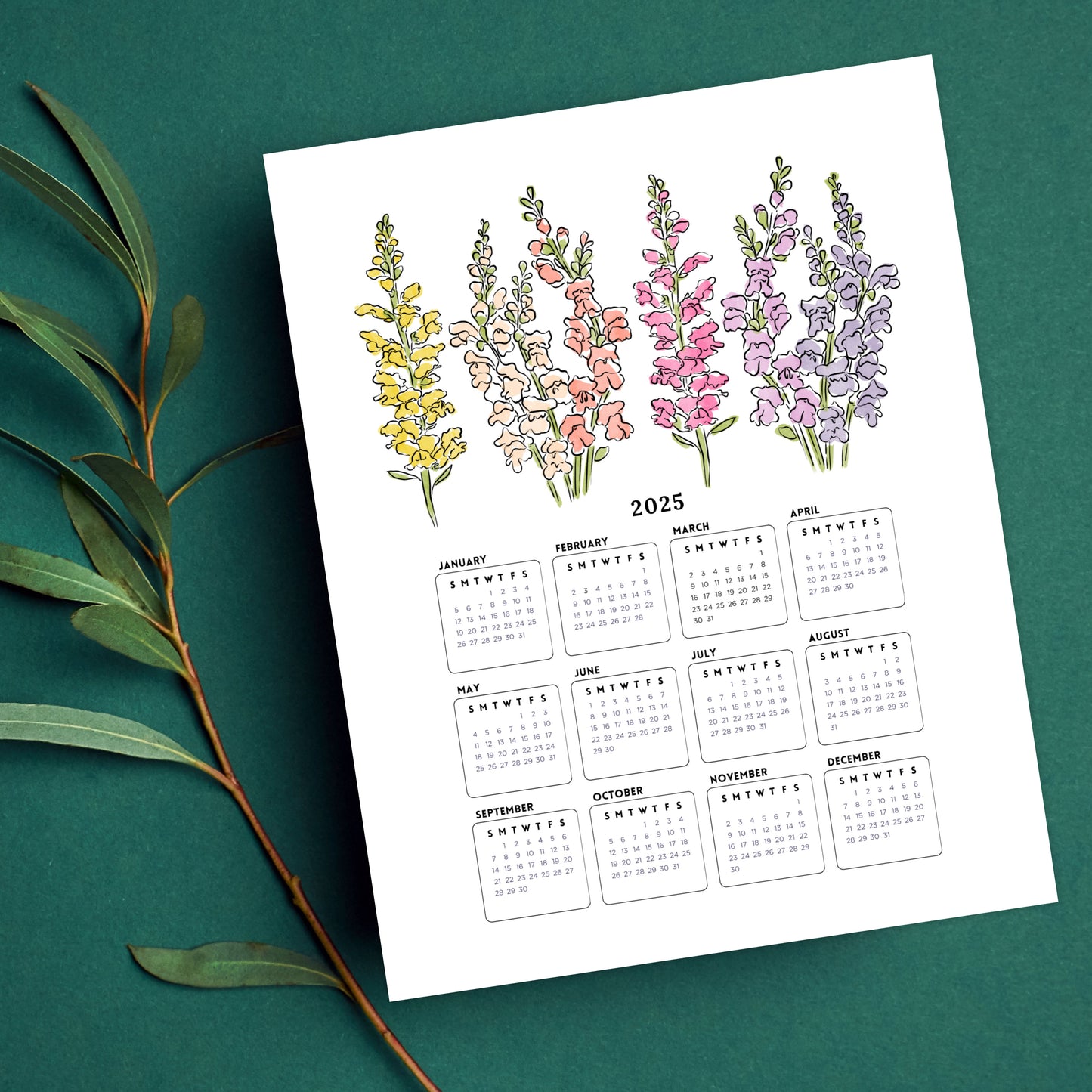 2025 Calendar Print | Watercolor Floral At A Glance Unframed Art | Office Wall Decor | Family & Coworker Gift