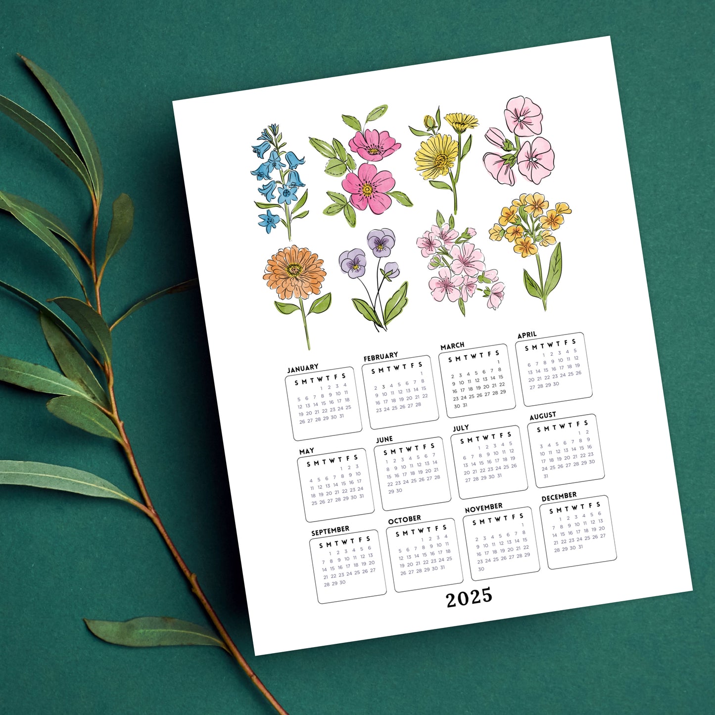 2025 Calendar Print | Watercolor Floral At A Glance Unframed Art | Office Wall Decor | Family & Coworker Gift