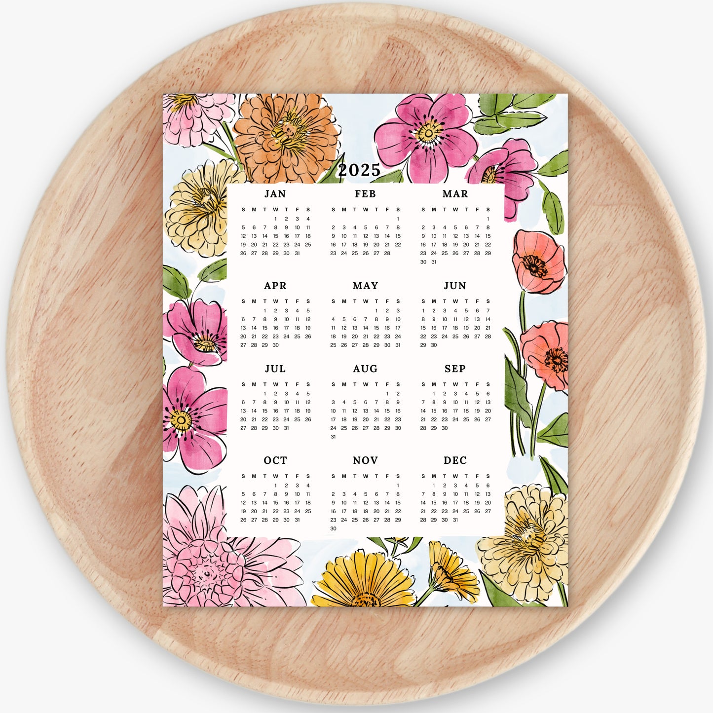 2025 Calendar Print | Watercolor Floral At A Glance Unframed Art | Office Wall Decor | Family & Coworker Gift