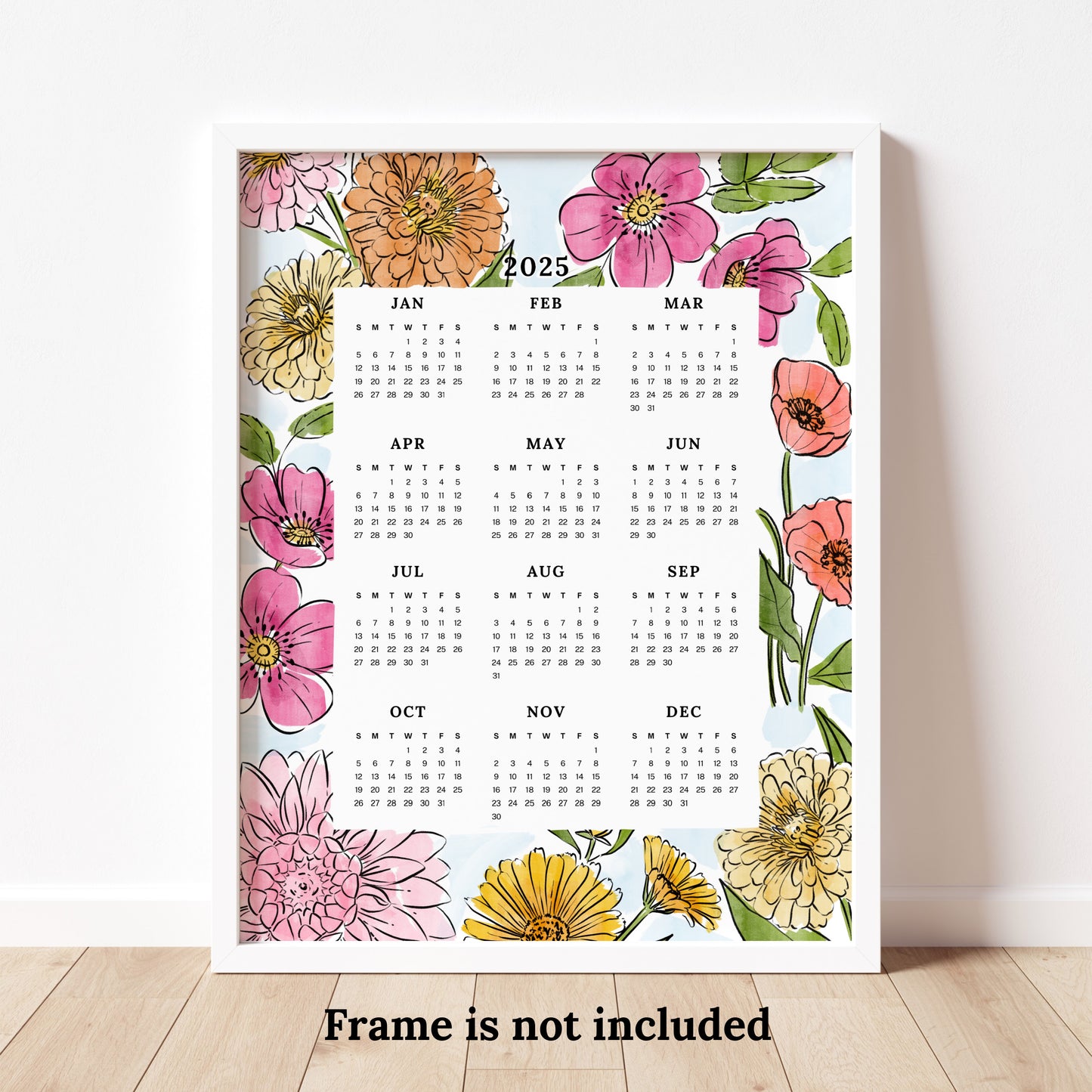 2025 Calendar Print | Watercolor Floral At A Glance Unframed Art | Office Wall Decor | Family & Coworker Gift