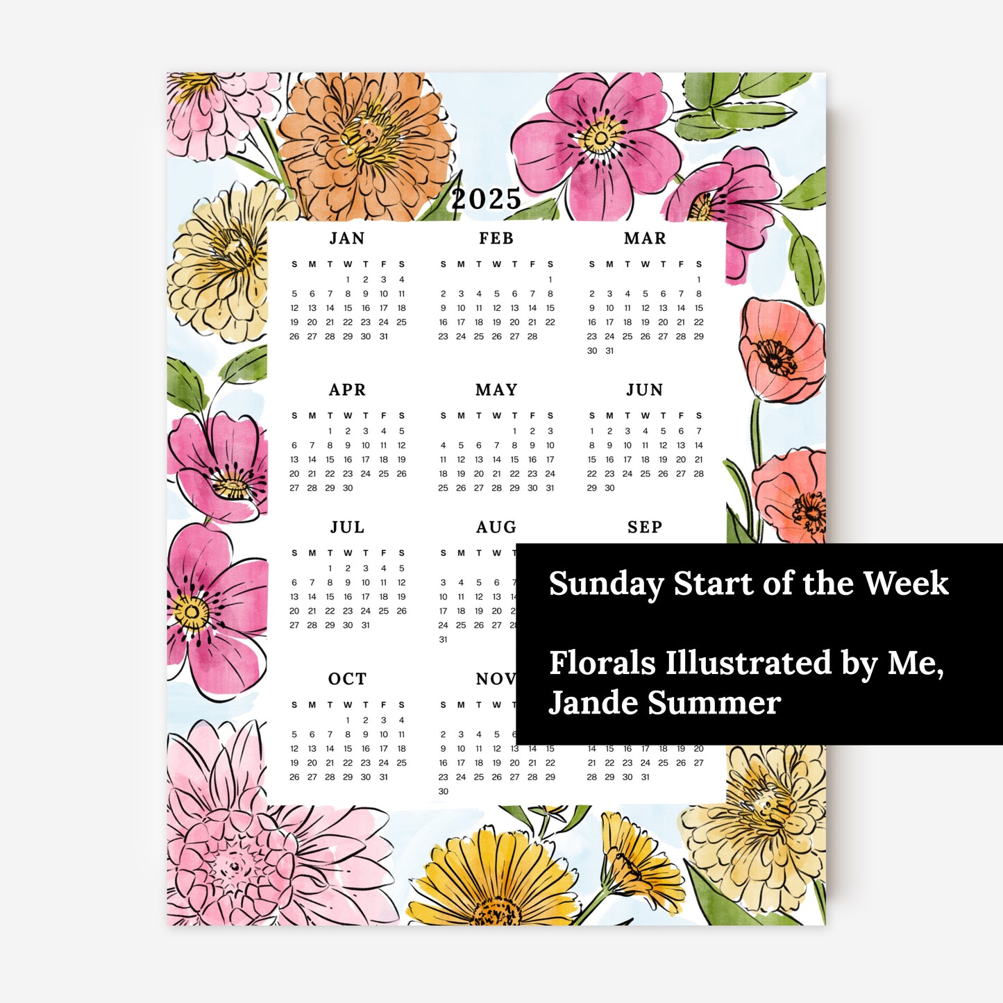 2025 Calendar Print | Watercolor Floral At A Glance Unframed Art | Office Wall Decor | Family & Coworker Gift