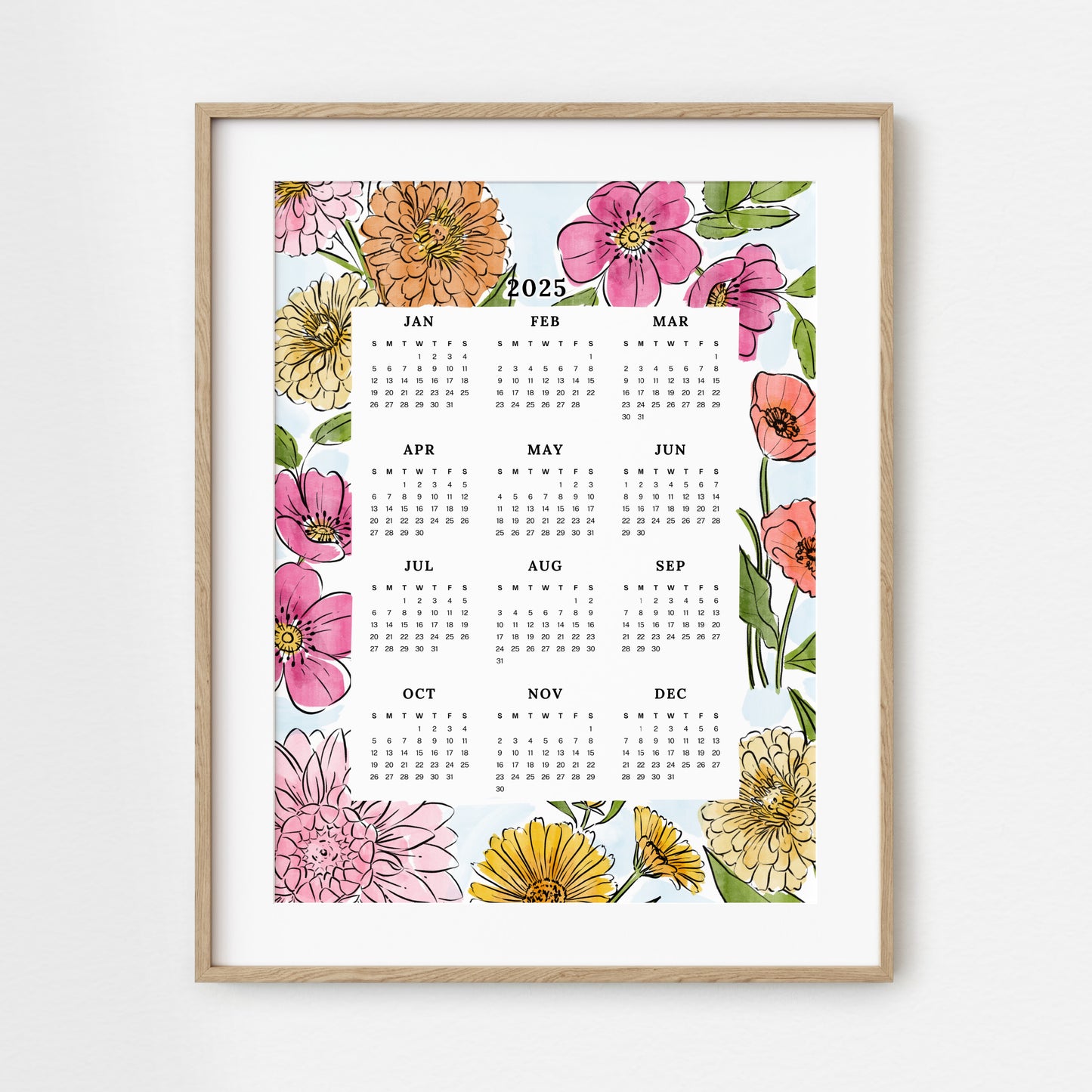 2025 Calendar Print | Watercolor Floral At A Glance Unframed Art | Office Wall Decor | Family & Coworker Gift