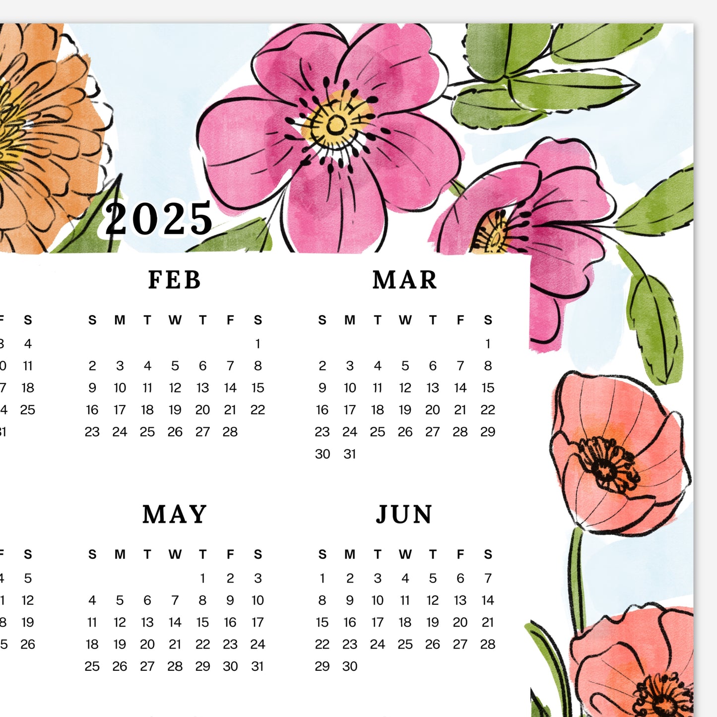2025 Calendar Print | Watercolor Floral At A Glance Unframed Art | Office Wall Decor | Family & Coworker Gift