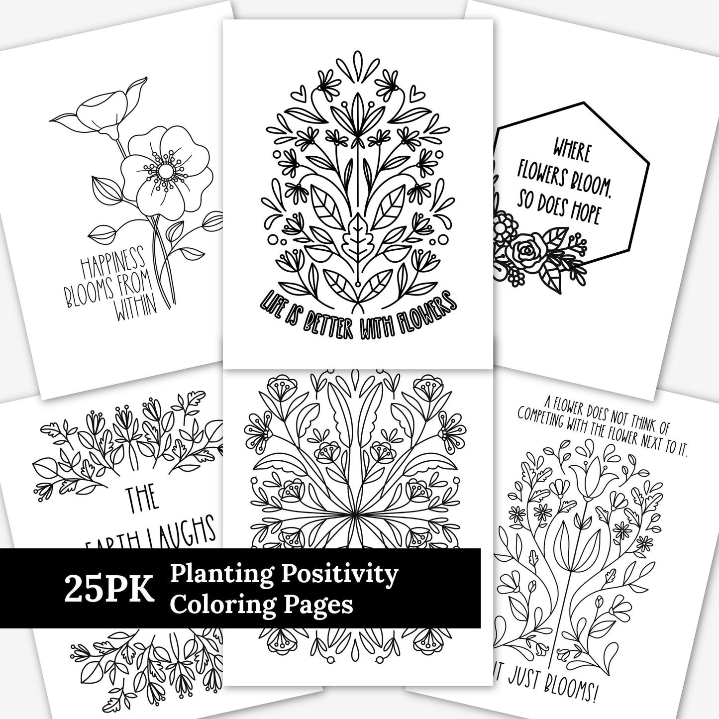 25 Pk Planting Positivity Large Print Floral Coloring Pages | Mindful Nature Themed Illustrations