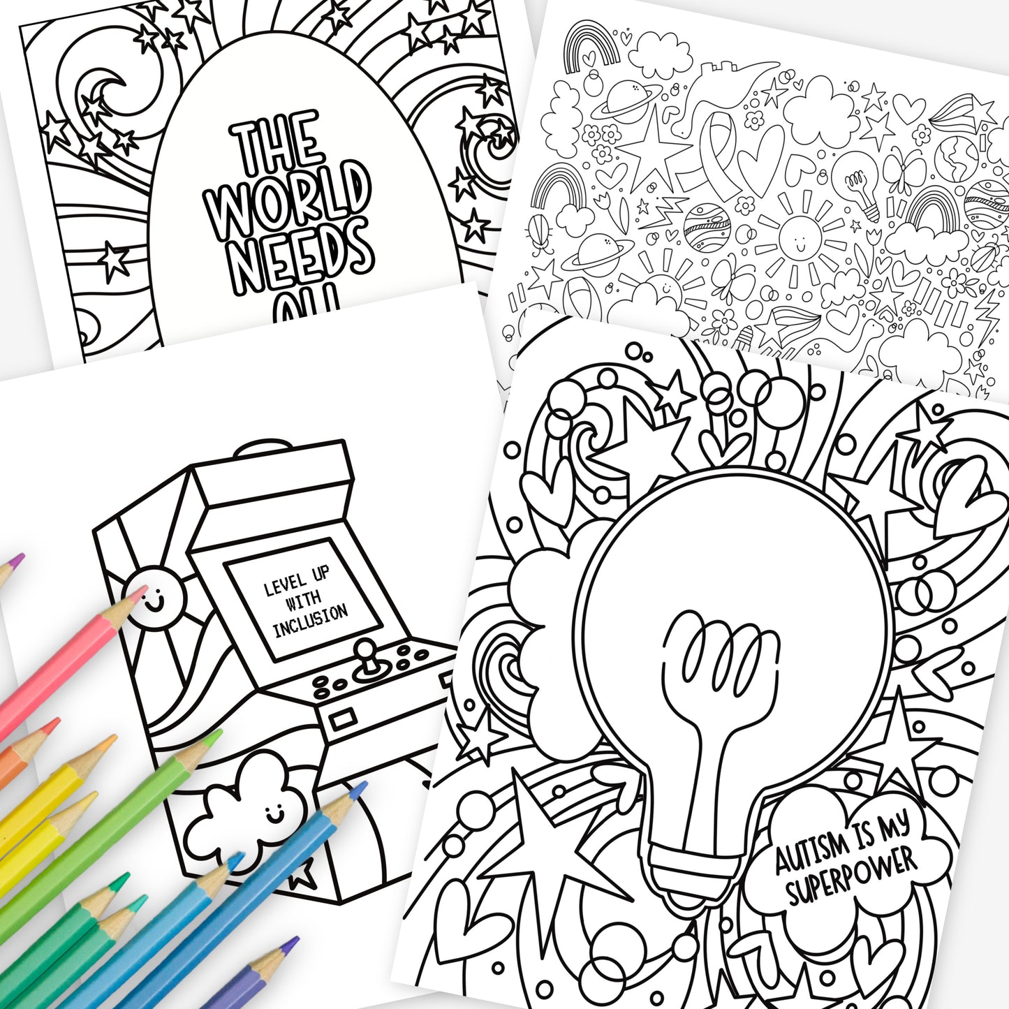 30Pk Celebrate Autism Coloring Sheets | Neurodiversity Inclusion & Acceptance | Hand-Drawn Coloring Pages By An Autism Momma + Color Tester Pages