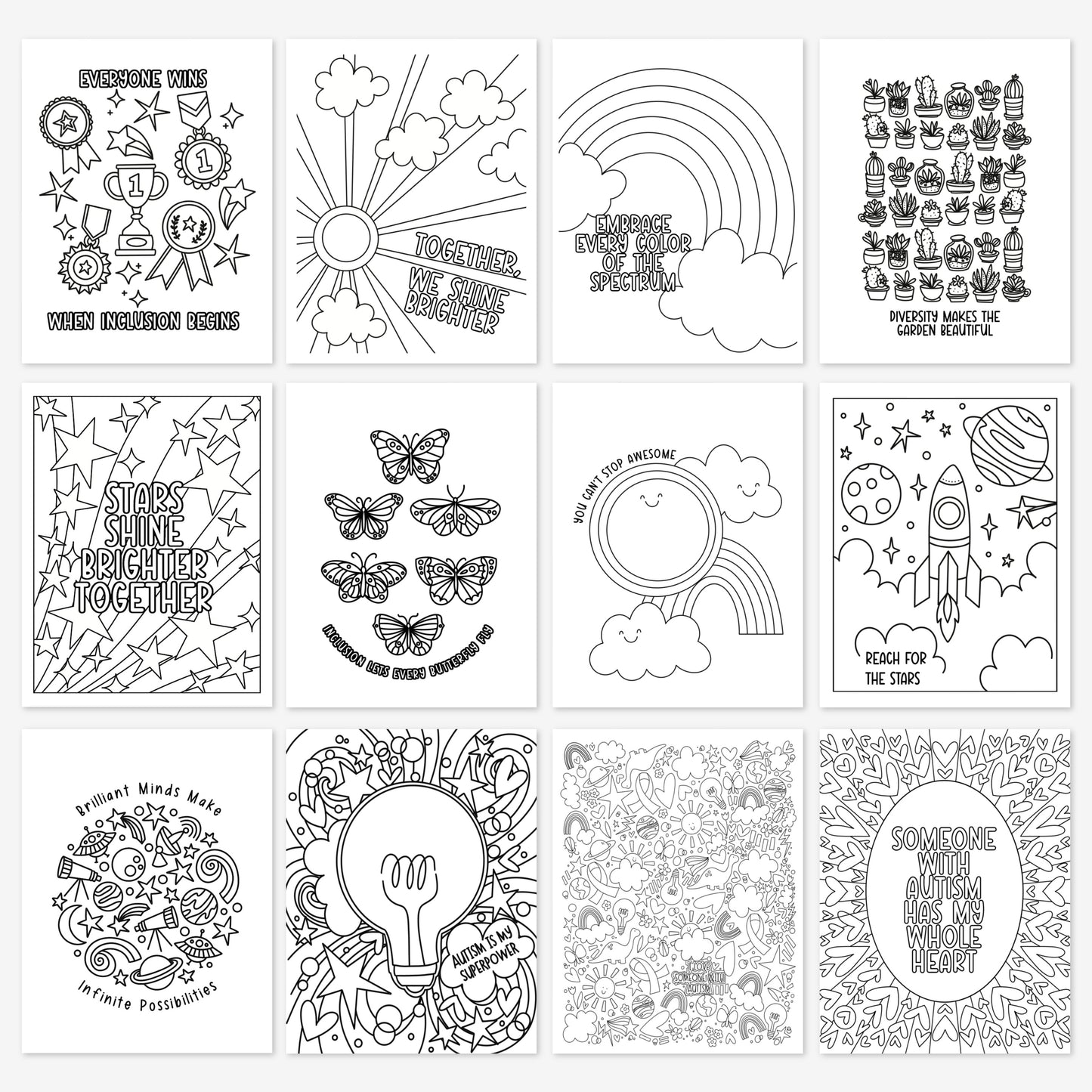 30Pk Celebrate Autism Coloring Sheets | Neurodiversity Inclusion & Acceptance | Hand-Drawn Coloring Pages By An Autism Momma + Color Tester Pages