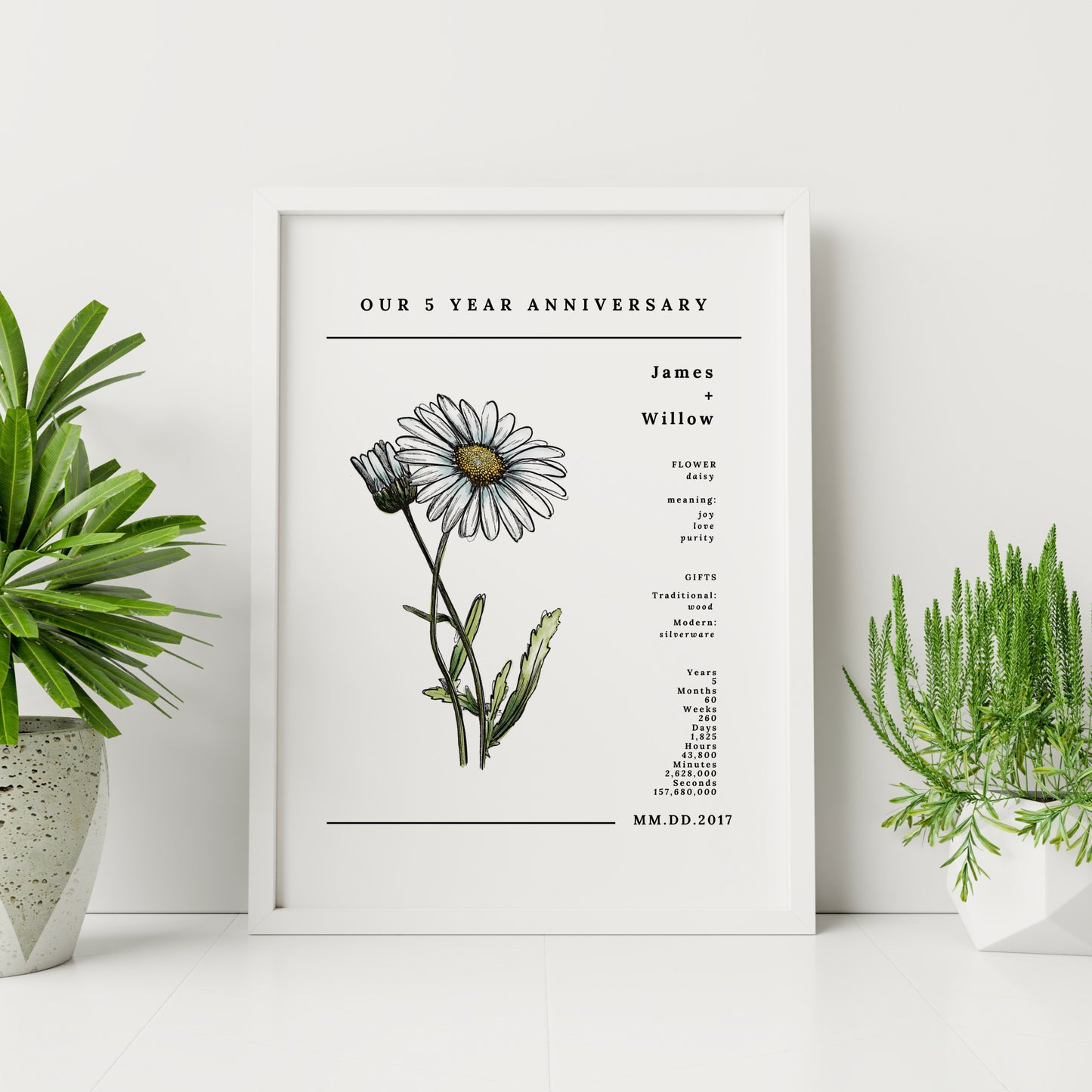 5 Year Anniversary Daisy Flower Art Printable | Wedding Anniversary Floral Gift