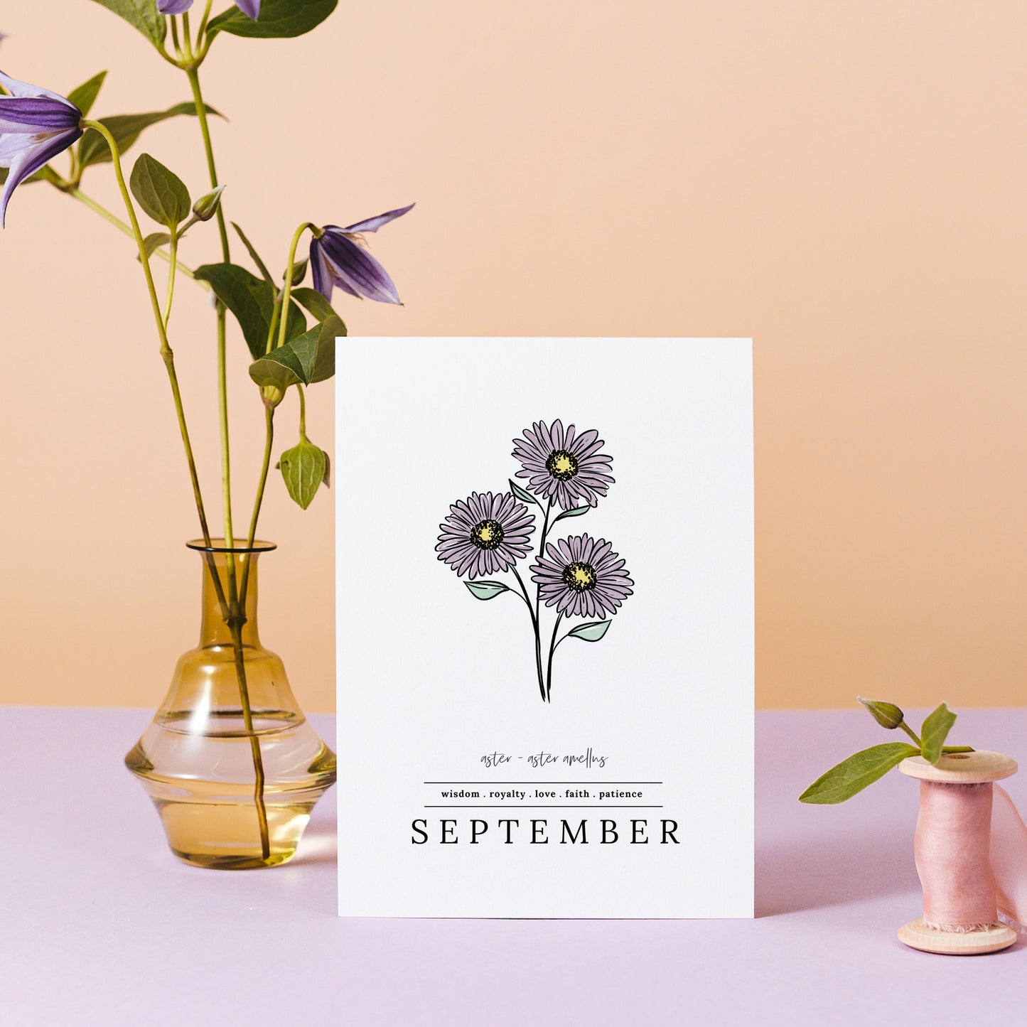 September Aster Birth Flower Unframed Art Print | Illustrated Floral Art