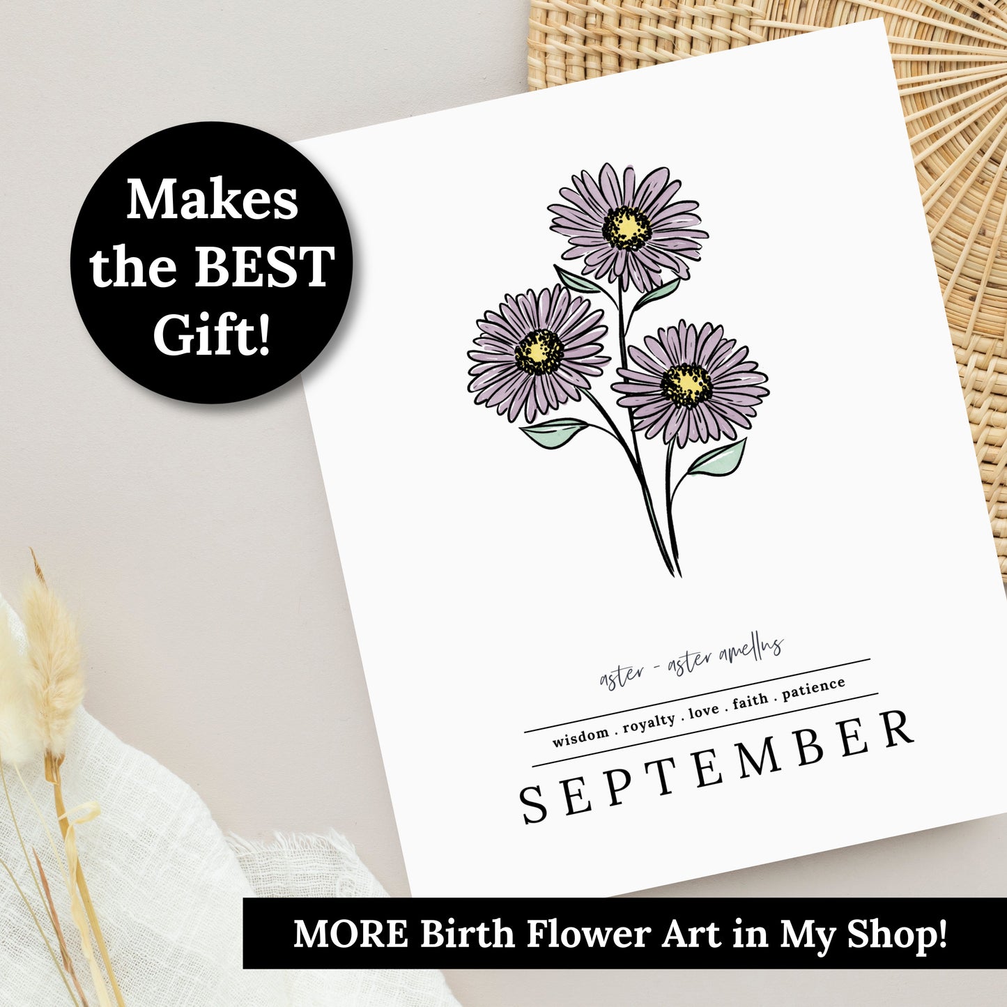 September Aster Birth Flower Unframed Art Print | Illustrated Floral Art