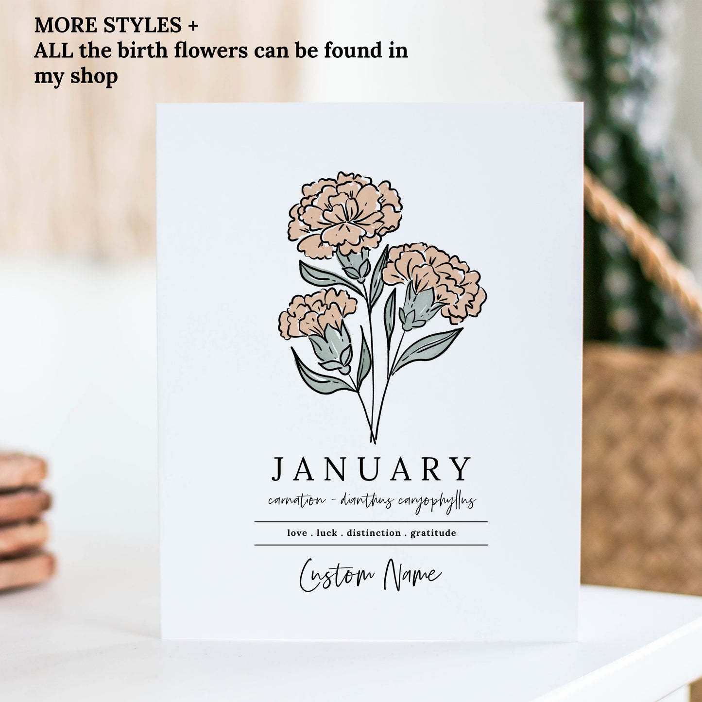 January Carnation Birth Flower Personalized Name Unframed Art Print | Gift for Birthdays | Nursery Wall Decor