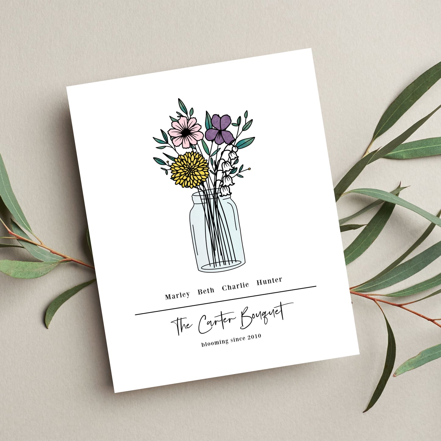 Birth Flower Bouquet Unframed Art Print | Up to 6 Names & Flowers | Gift for Mom and Grandma Family Flower Bunch