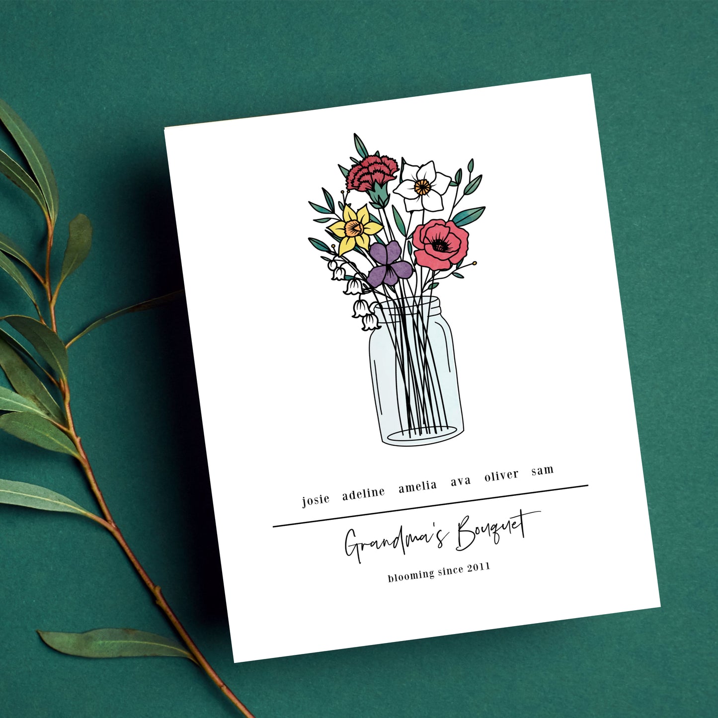 Birth Flower Bouquet Unframed Art Print | Up to 6 Names & Flowers | Gift for Mom and Grandma Family Flower Bunch