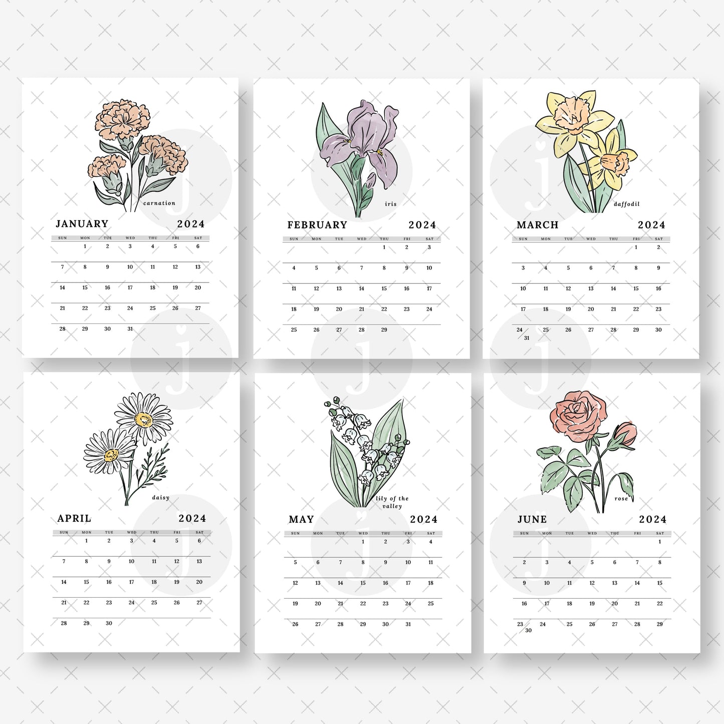 2024 Birth Flower + At A Glance Printable Calendar | Full Year 12 Months | Sunday & Monday Start Day | Digital Calendar