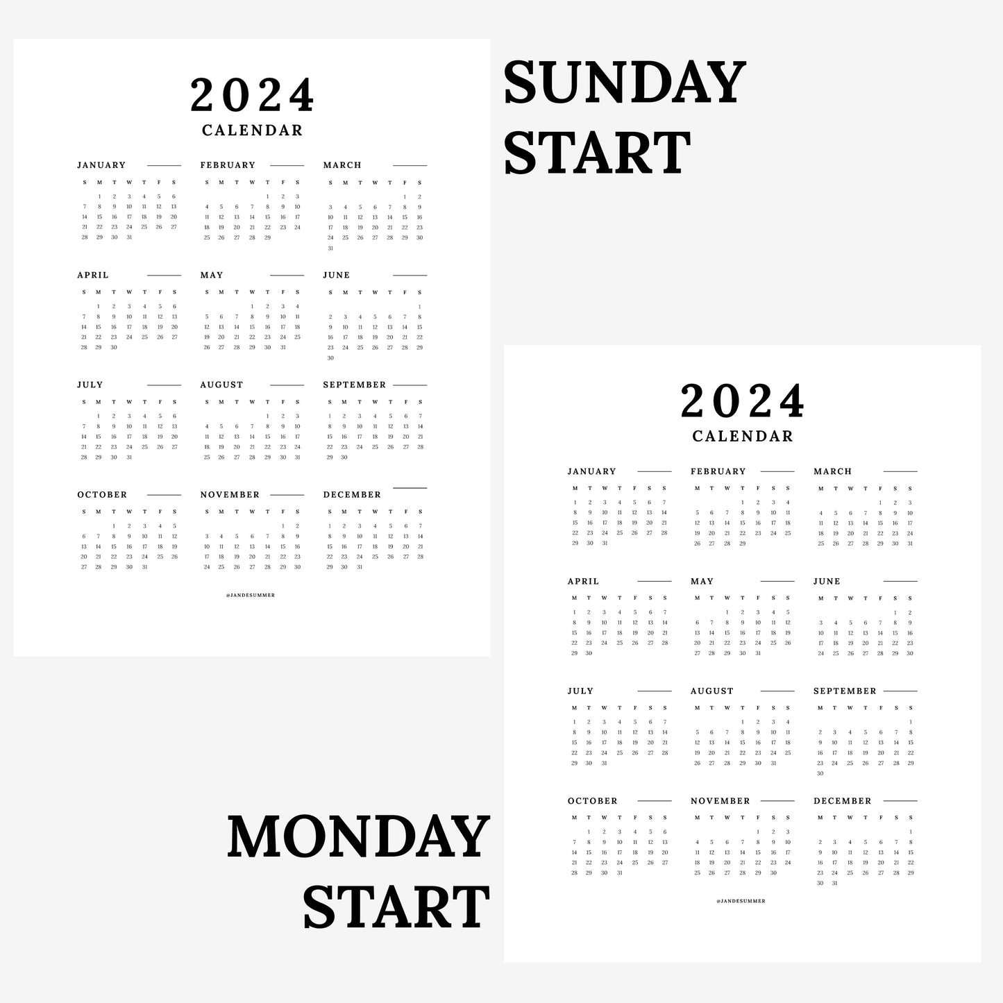 2024 Birth Flower + At A Glance Printable Calendar | Full Year 12 Months | Sunday & Monday Start Day | Digital Calendar