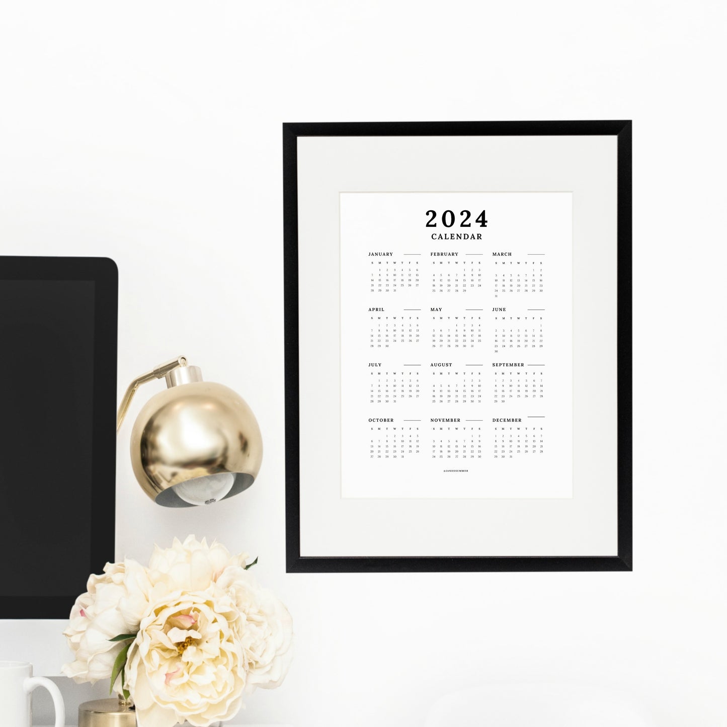 2024 Birth Flower + At A Glance Printable Calendar | Full Year 12 Months | Sunday & Monday Start Day | Digital Calendar