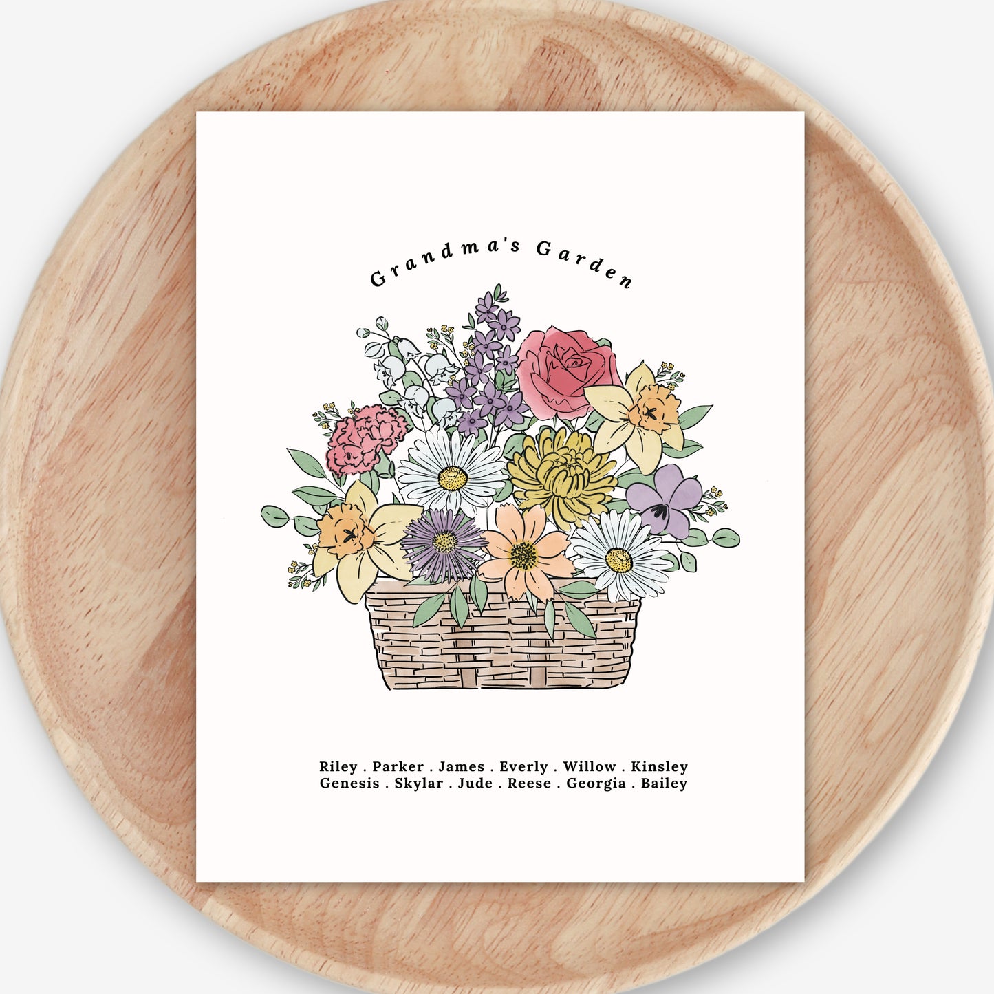 Birth Flower Basket Bouquet Art Print | Up to 12 Flowers | Perfect Gift for Mother's Day