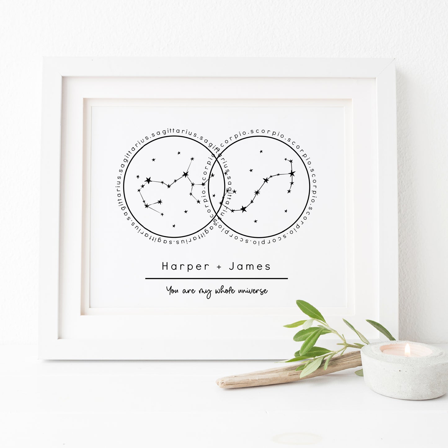 Couples Custom Name & Zodiac Print | Simple Line Art Horoscope Star Chart Personalized Name Signs and Phrase