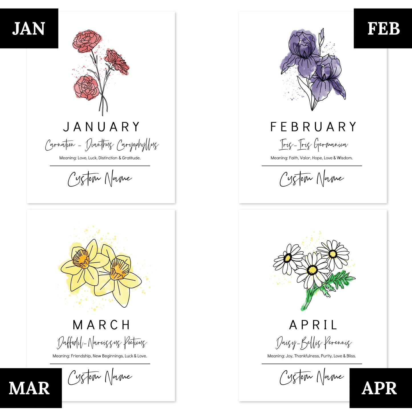 You Choose Birth Flower Personalized Name Unframed Art Print | Custom Gift for Birthdays | Nursery Wall Decor