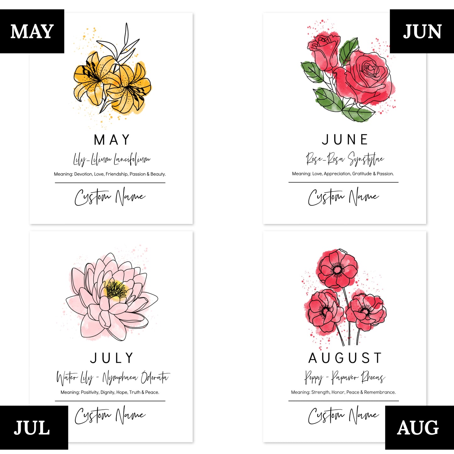 You Choose Birth Flower Personalized Name Unframed Art Print | Custom Gift for Birthdays | Nursery Wall Decor