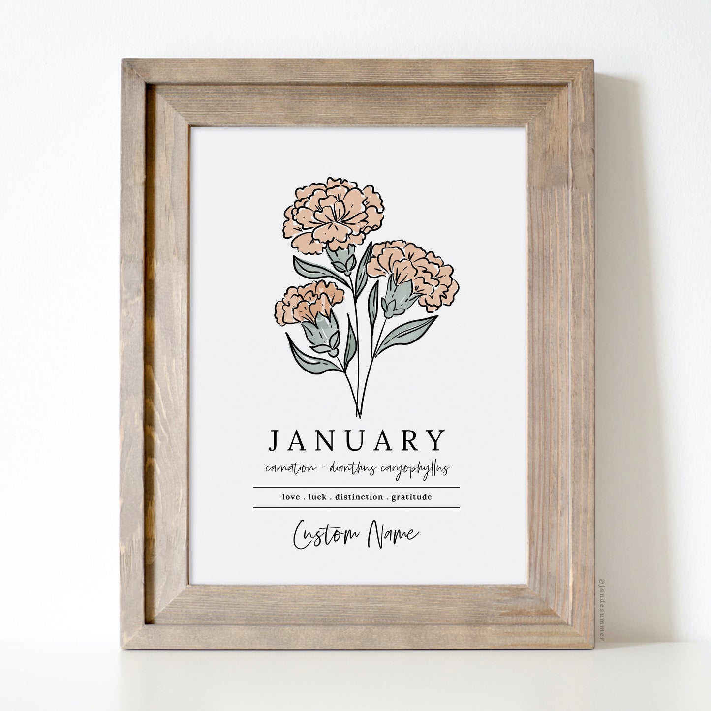 January Carnation Birth Flower Personalized Name Unframed Art Print | Gift for Birthdays | Nursery Wall Decor