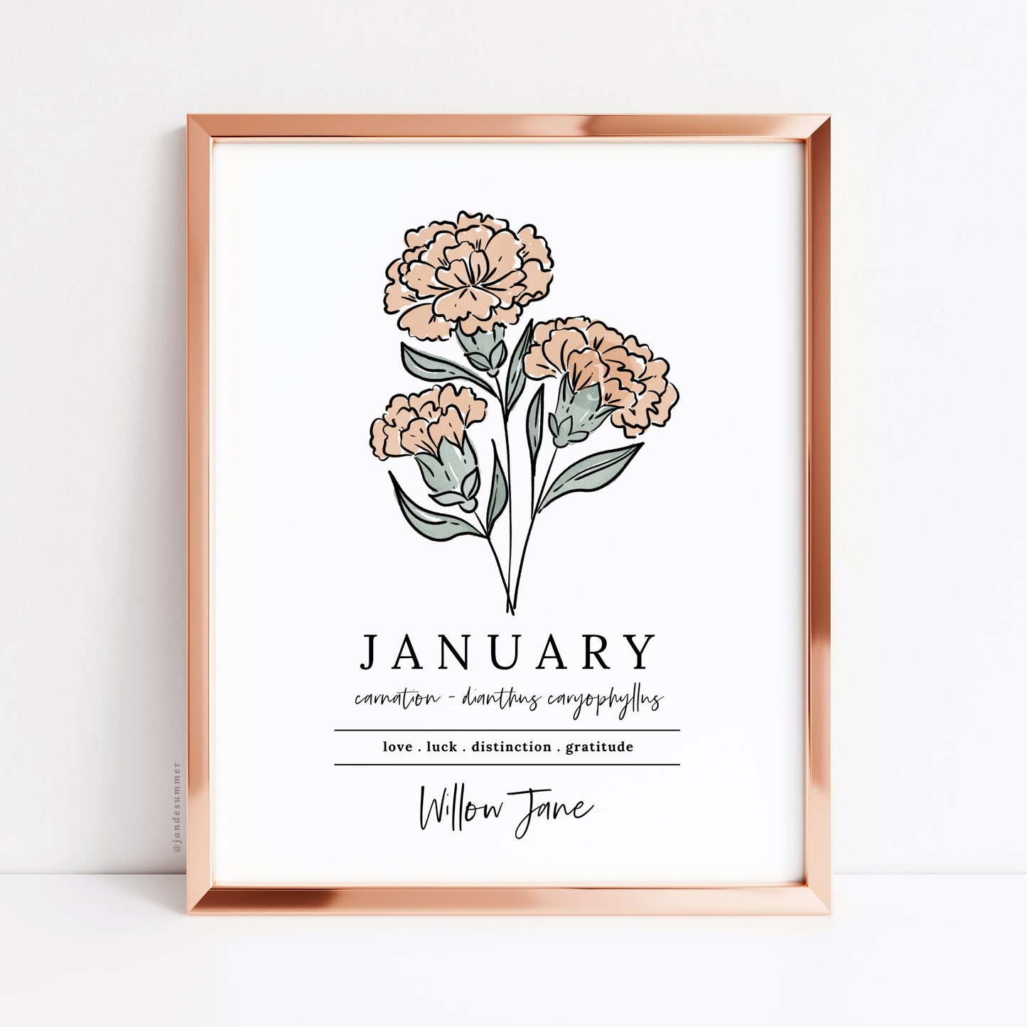 January Carnation Birth Flower Personalized Name Unframed Art Print | Gift for Birthdays | Nursery Wall Decor