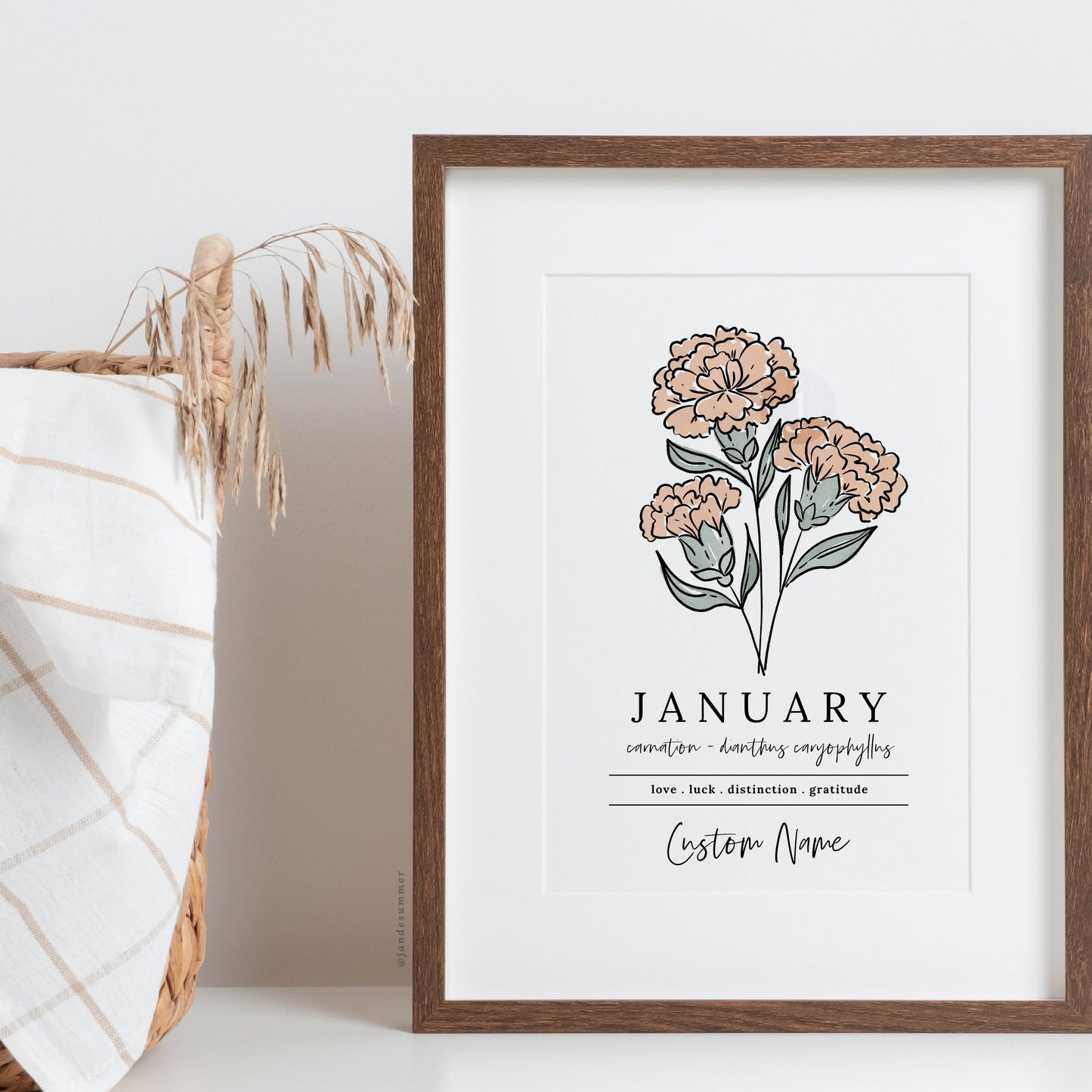 January Carnation Birth Flower Personalized Name Unframed Art Print | Gift for Birthdays | Nursery Wall Decor