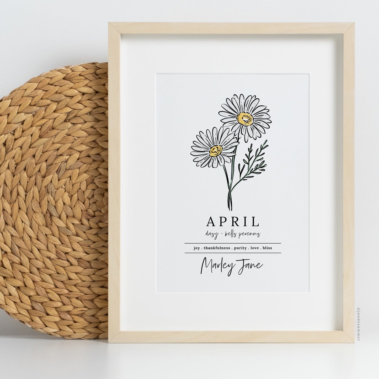 April Daisy Birth Flower Personalized Name Unframed Art Print | Custom Gift for Birthdays | Nursery Wall Decor | Floral Wall Decor