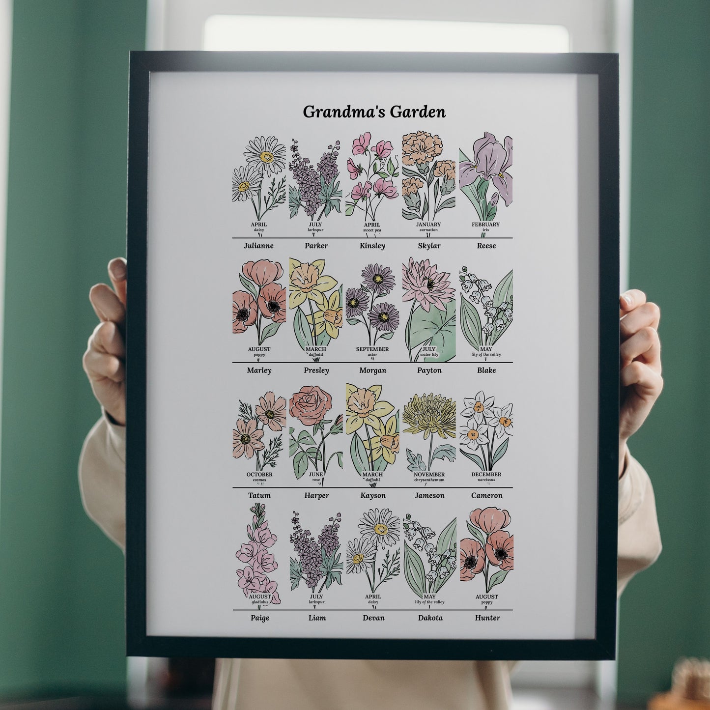 Personalized Birth Flower Family Garden 6 to 24 Names Unframed Art Print | Custom Gift For Grandma | Nature Inspired Gift