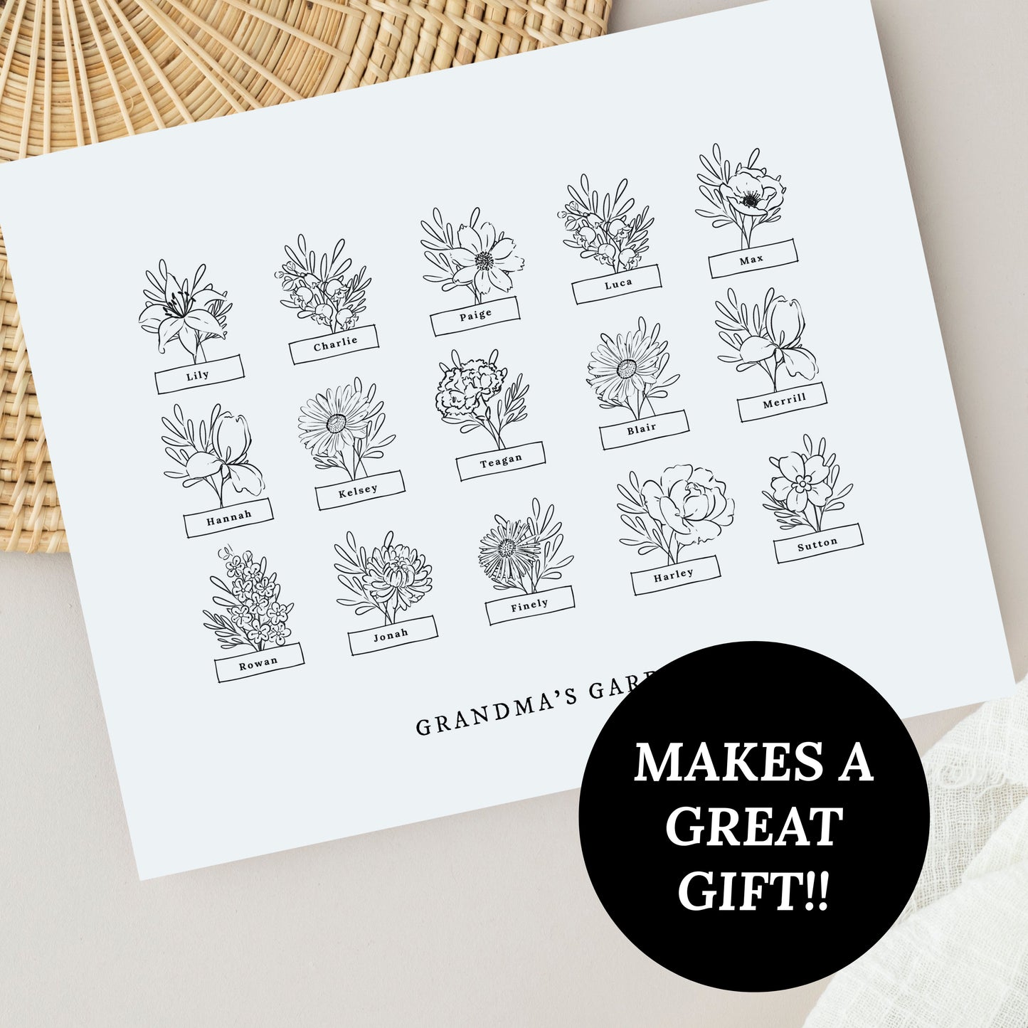 Custom Birth Flower Garden 8 to 24 Names | Unframed Art Print Custom Gift For Grandma Personalized Grandkid Sign