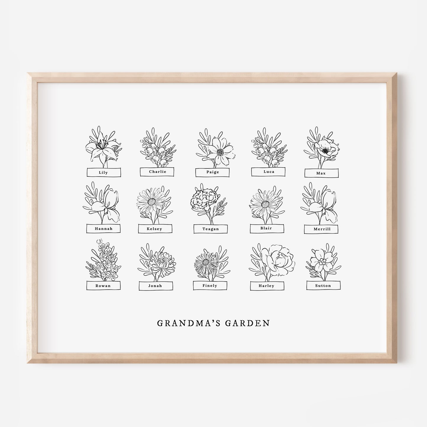 Custom Birth Flower Garden 8 to 24 Names | Unframed Art Print Custom Gift For Grandma Personalized Grandkid Sign