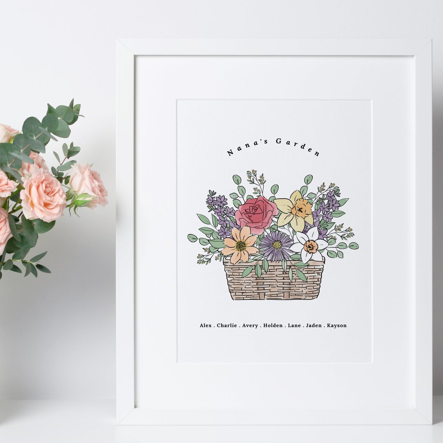 Birth Flower Basket Bouquet Art Print | Up to 12 Flowers | Perfect Gift for Mother's Day