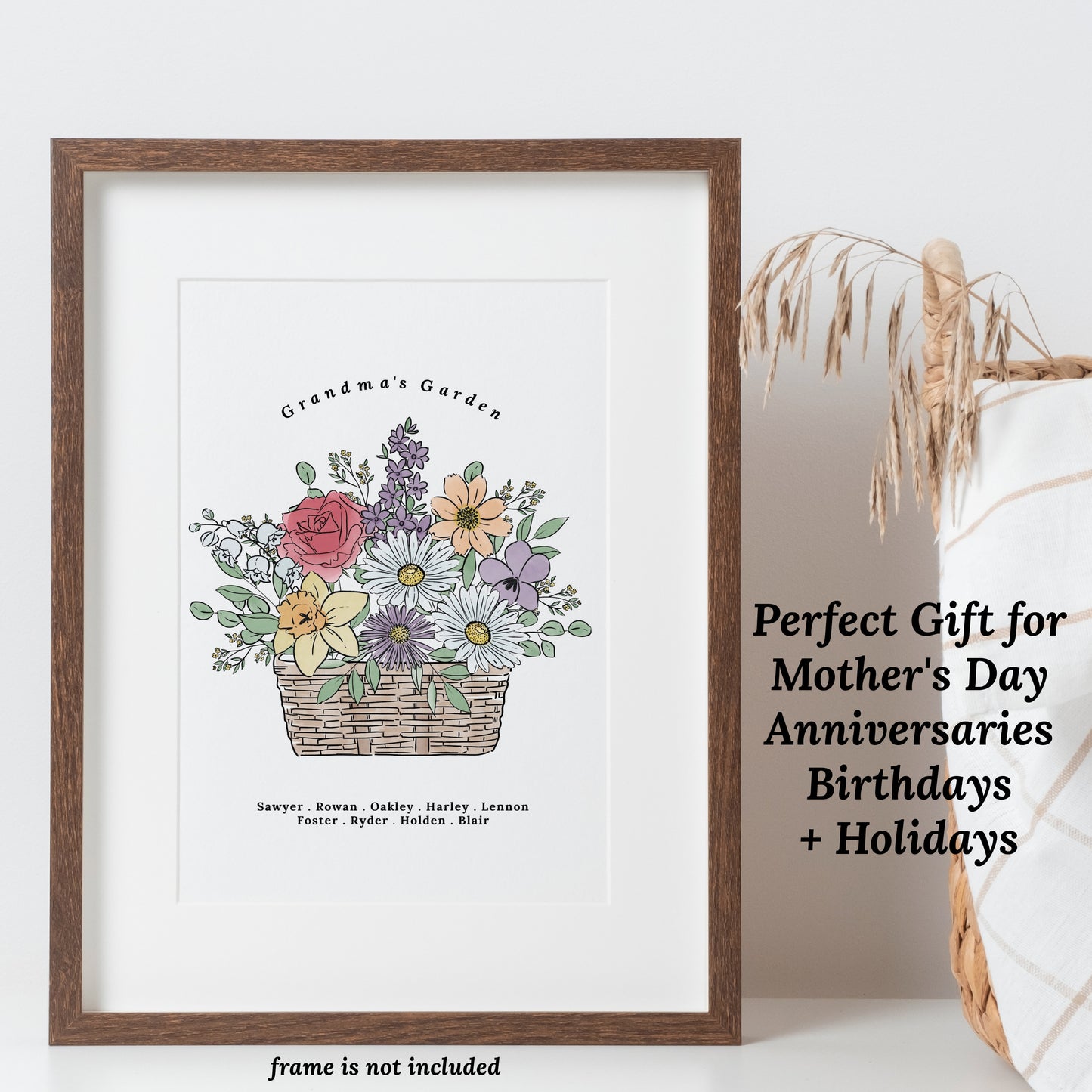Birth Flower Basket Bouquet Art Print | Up to 12 Flowers | Perfect Gift for Mother's Day