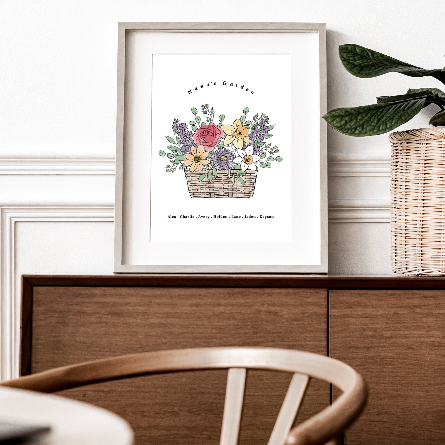 Birth Flower Basket Bouquet Art Print | Up to 12 Flowers | Perfect Gift for Mother's Day