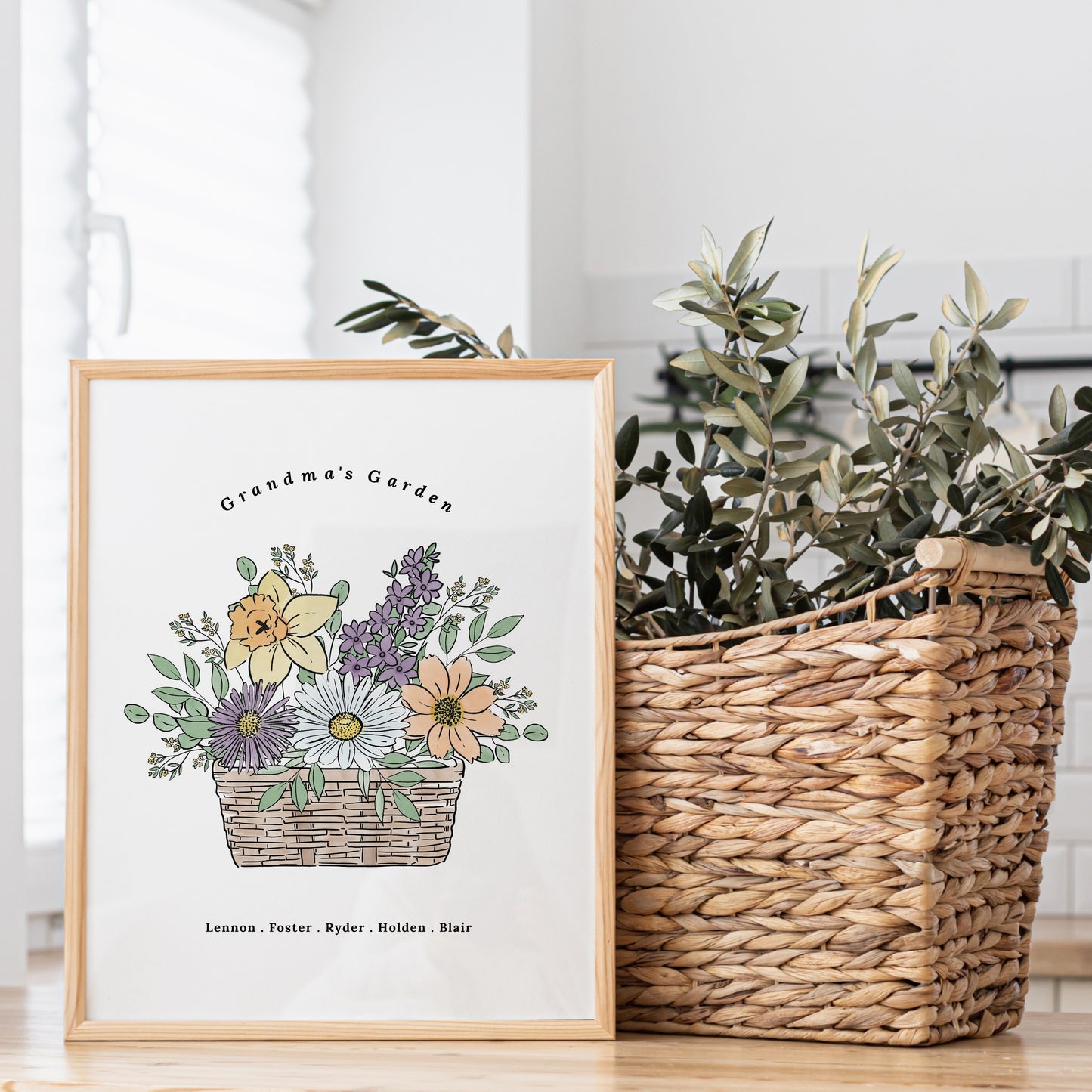 Birth Flower Basket Bouquet Art Print | Up to 12 Flowers | Perfect Gift for Mother's Day