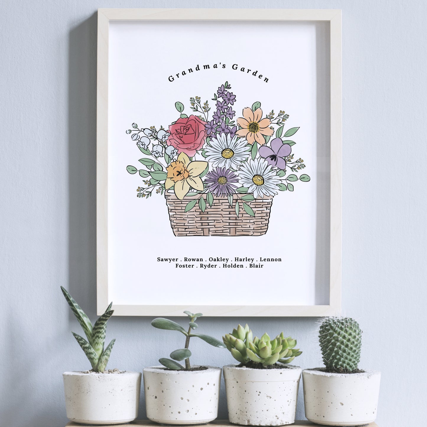 Birth Flower Basket Bouquet Art Print | Up to 12 Flowers | Perfect Gift for Mother's Day