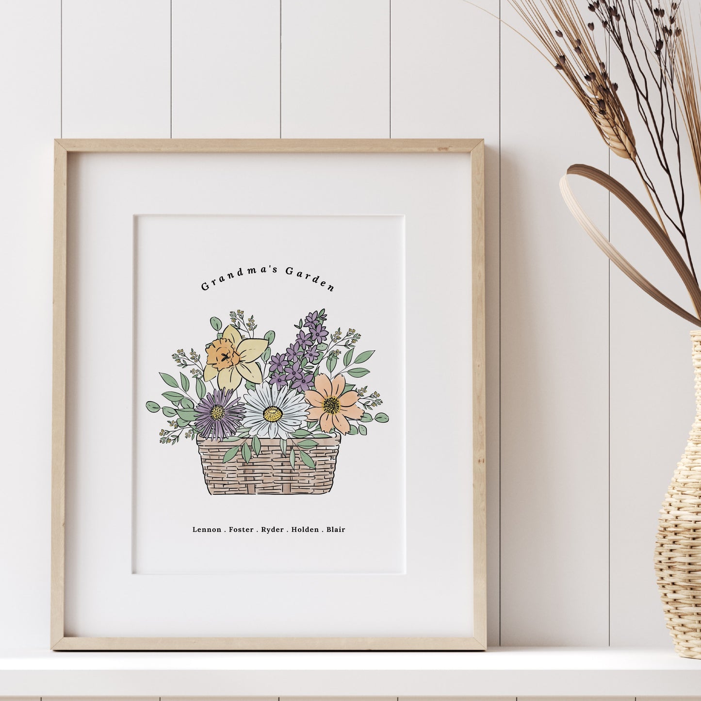 Birth Flower Basket Bouquet Art Print | Up to 12 Flowers | Perfect Gift for Mother's Day