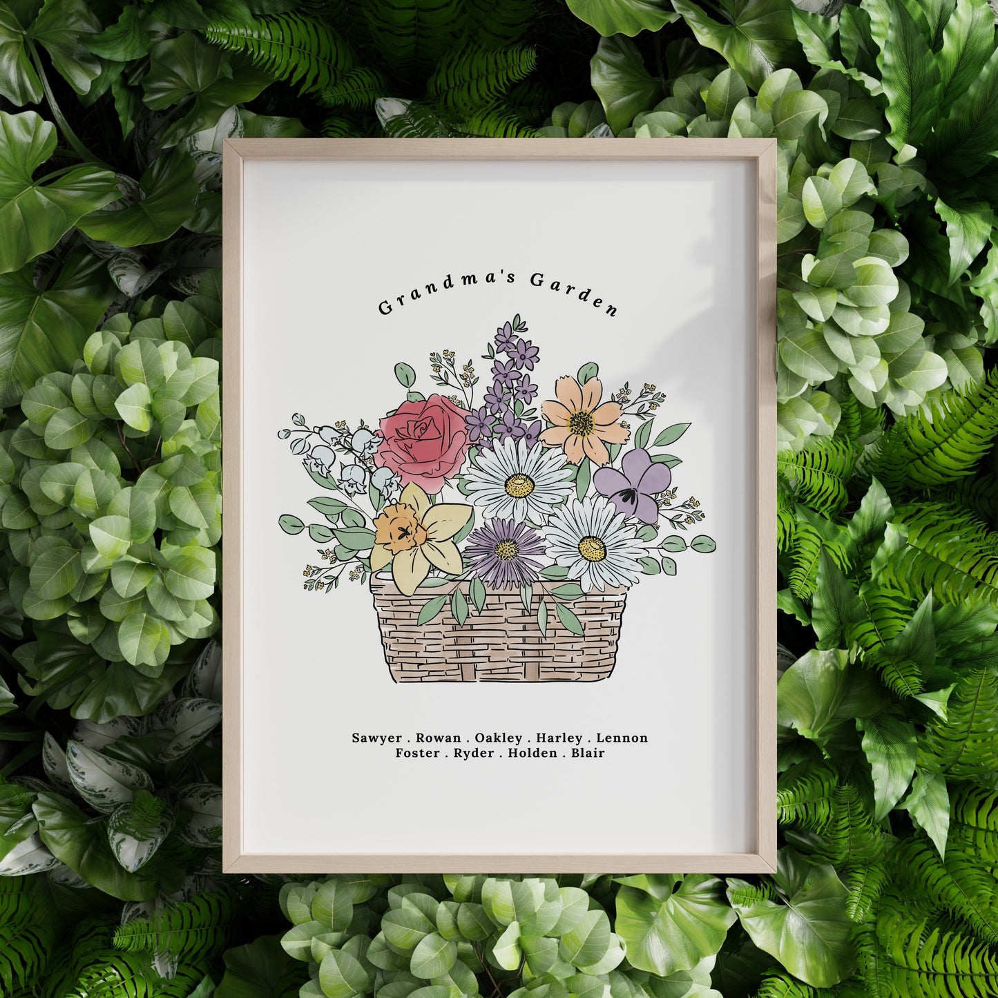 Birth Flower Basket Bouquet Art Print | Up to 12 Flowers | Perfect Gift for Mother's Day