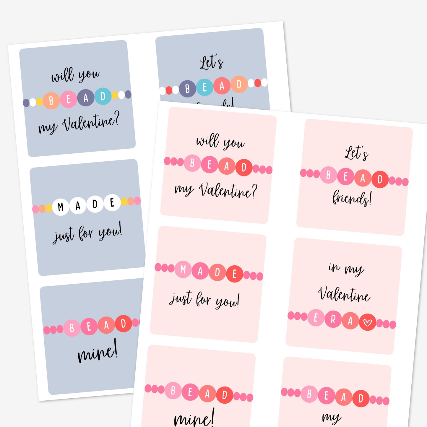 Bead Bracelet Valentine Printable Cards | 12 Digital Cards Friendship Beaded Bracelet Valentines Day Exchange