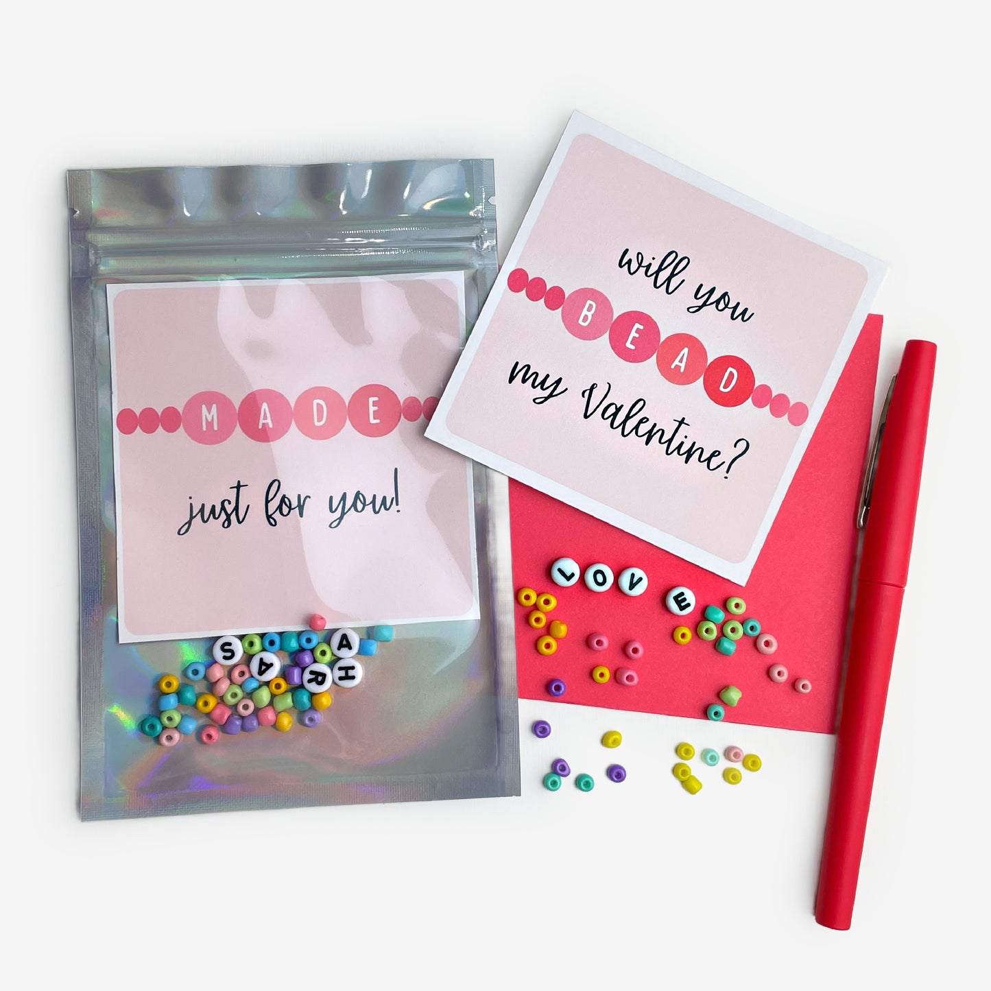 Bead Bracelet Valentine Printable Cards | 12 Digital Cards Friendship Beaded Bracelet Valentines Day Exchange