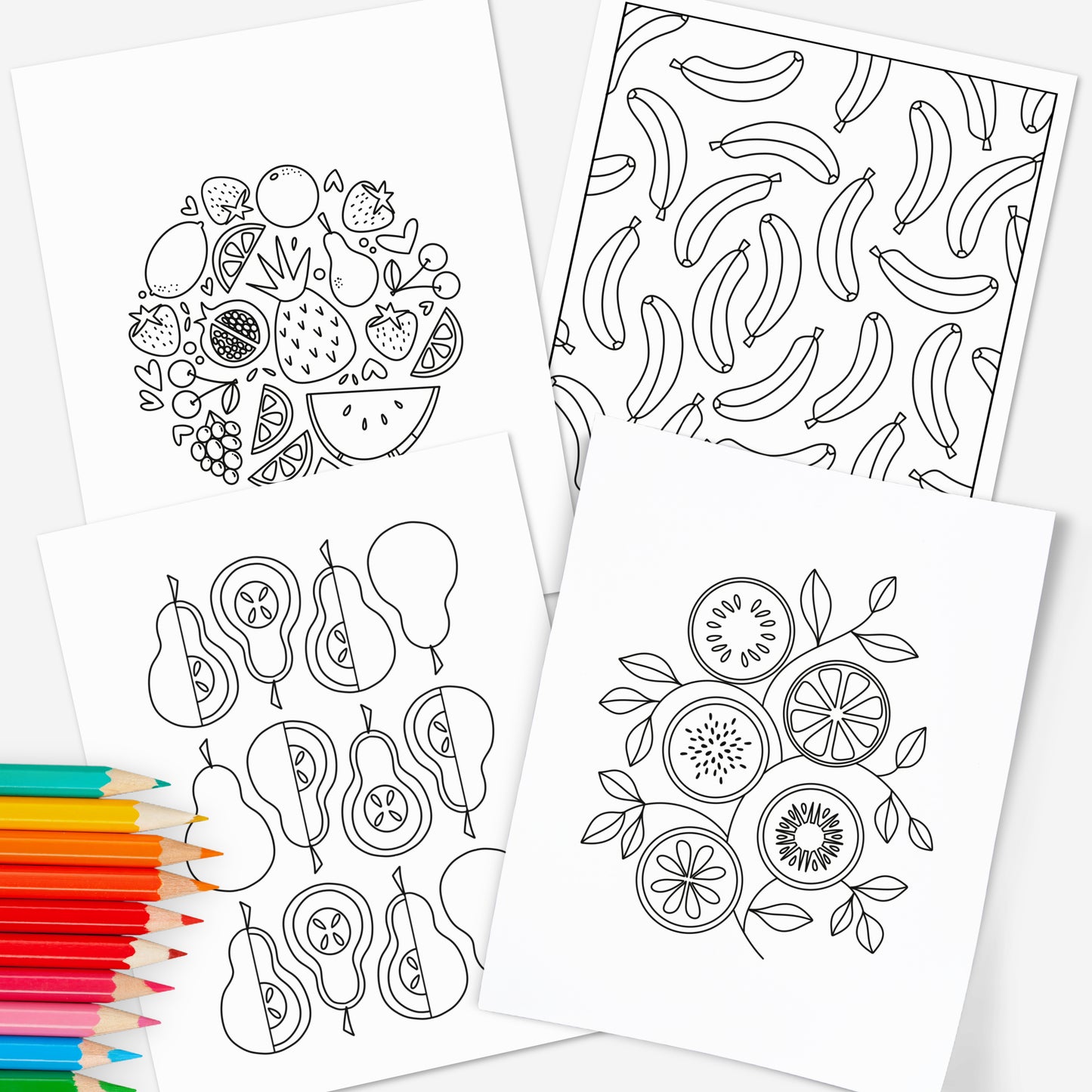 10 Pk Fruity Printable Coloring Pages Digital Color Sheets | Hand-Drawn Fruit Illustrations | Food & Fruit Doodles