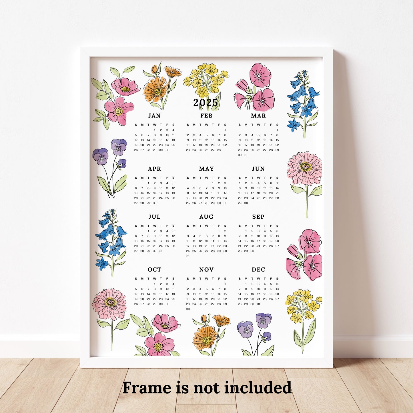 2025 Calendar Print | Floral At A Glance Unframed Art | Office Wall Decor Coworker Gift