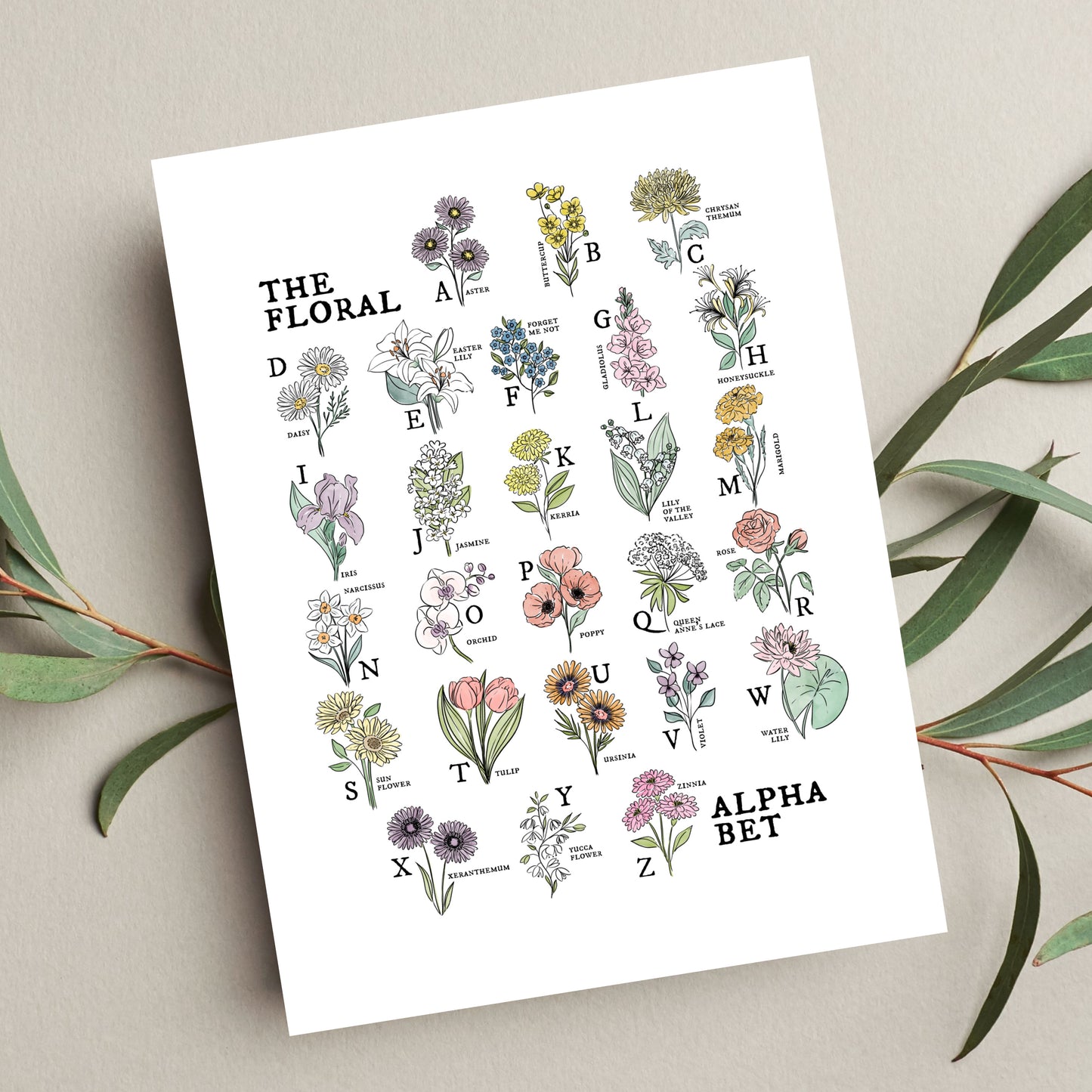 Floral Alphabet Chart | Illustrated Watercolor Flower Unframed Art Wall Decor