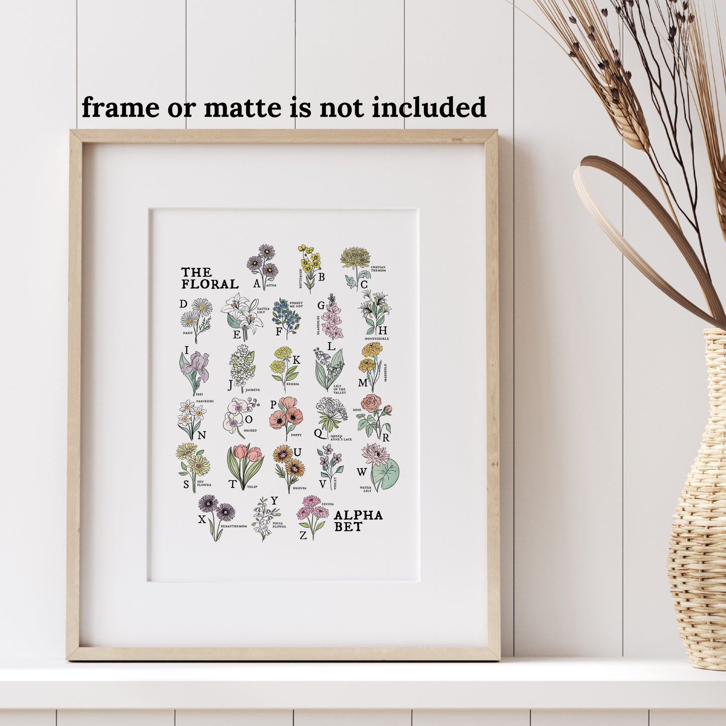 Floral Alphabet Chart | Illustrated Watercolor Flower Unframed Art Wall Decor