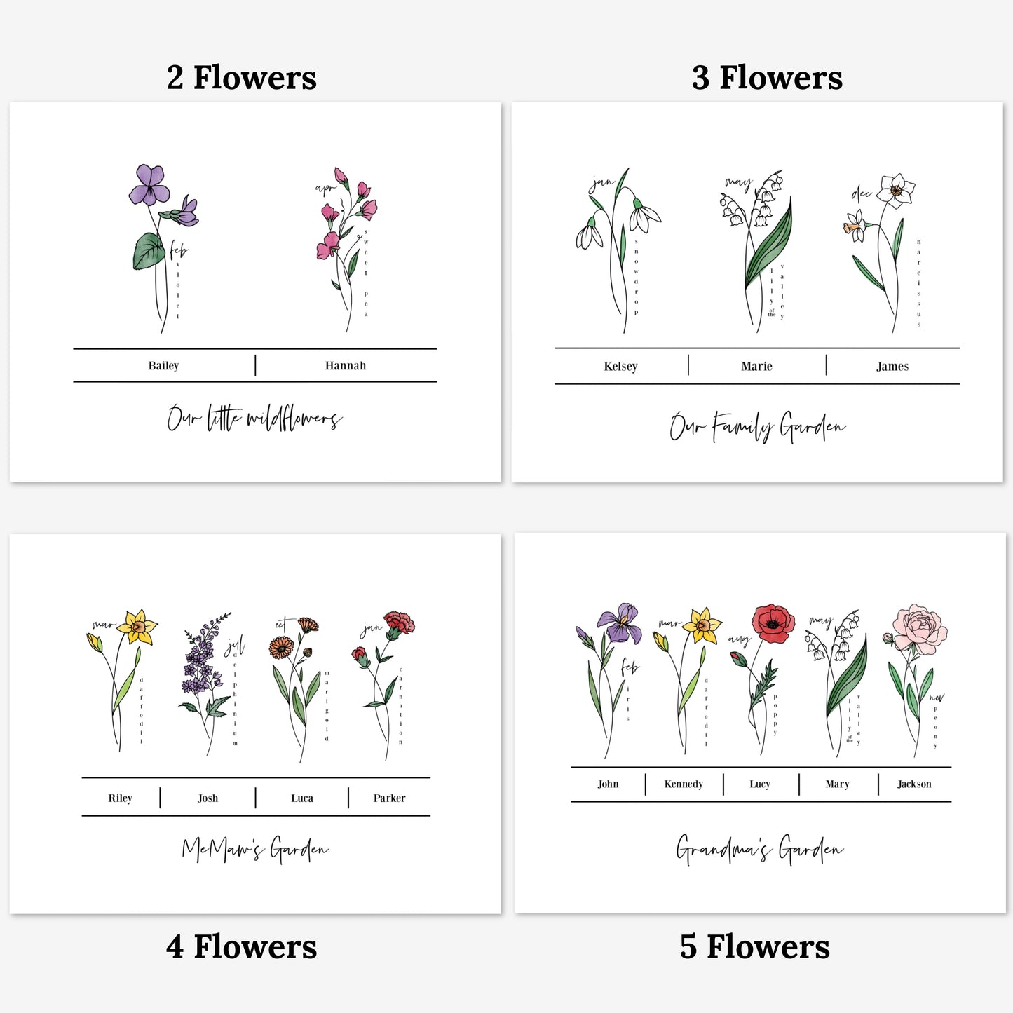 Custom Birth Flower Art Print Up to 5 Flowers | Custom Family Garden Art Print