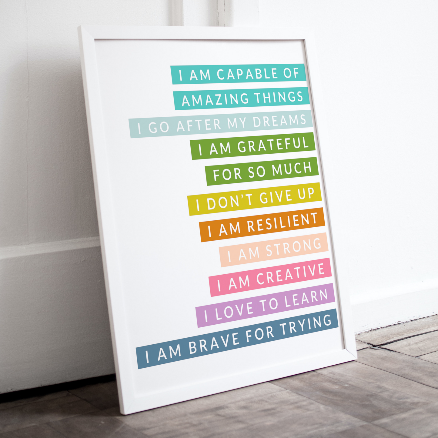 I Am Capable & Positive Affirmations | Colorful Rainbow Art Print | Motivational Wall Decor Prints for Kids Teens Office